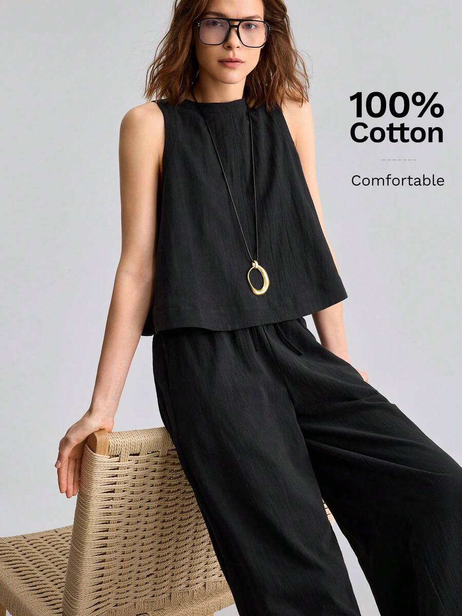 Ontre Bộ đồ nữ màu đen thoải mái chất liệu vải cao cấp gồm áo ôm và quần ống đứng cạp chun, phong cách Bohemian phù hợp đi biển, lễ hội âm nhạc, phong cách phương Tây, thường ngày, công sở, đi làm, trang phục sân bay cao cấp - màu đen - Xem 1