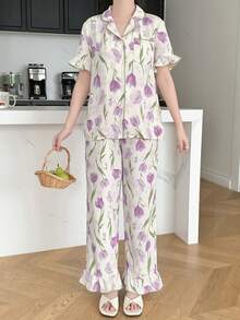 少女睡衣花卉印花泡泡纱翻领单排扣短袖上衣和裤子睡衣套装，春夏 - 彩色 - 查看 3
