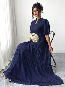 SHEIN Tall Plus Size Women's Hollow Lace Trim Vacation White Goddess Waist Flattering V-Neck French Style Beach Dress - Navy Blue - View 4