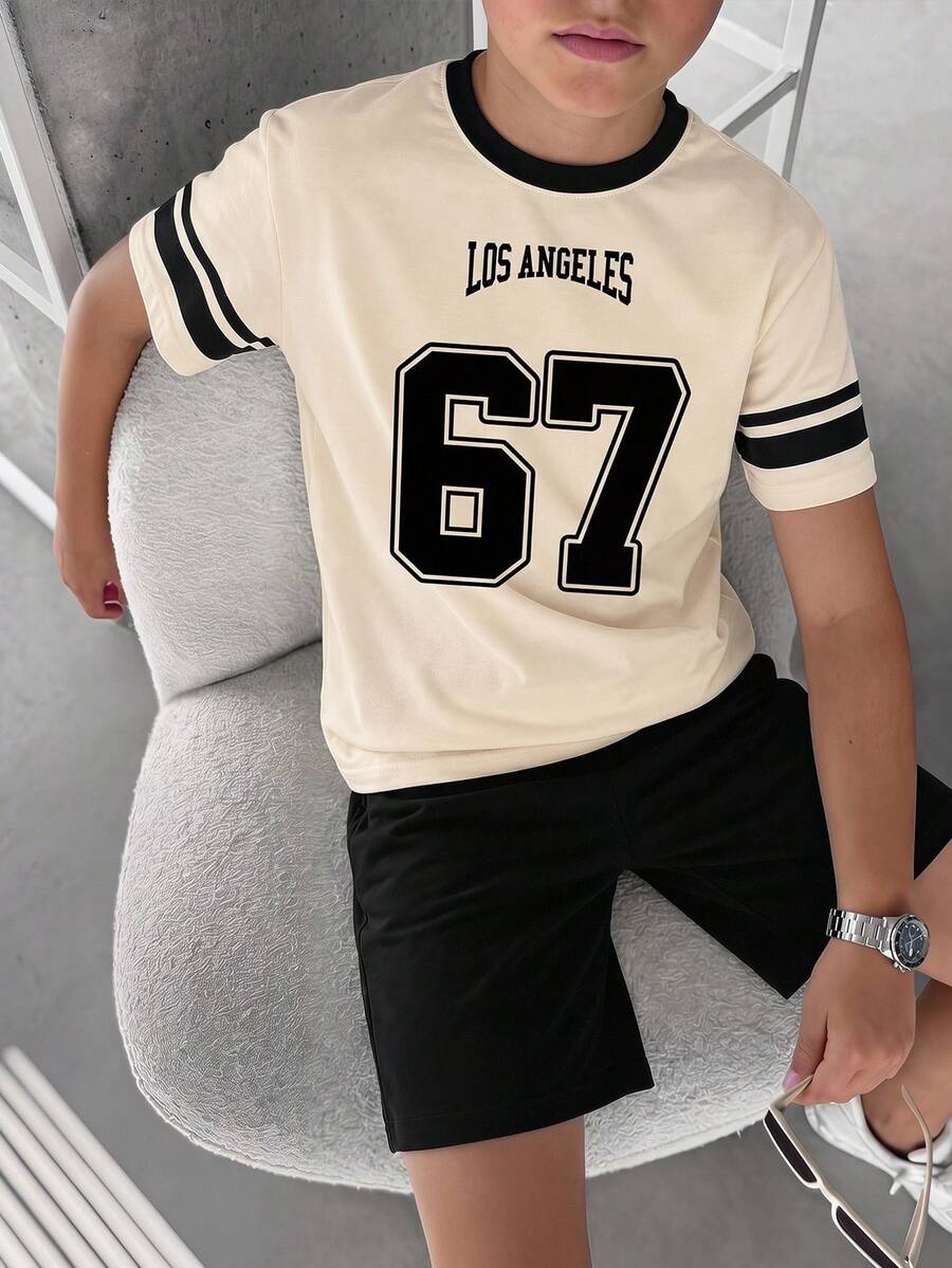 SHEIN 2 pezzi Set di maglietta a maniche corte con stampa numerica e lettera e pantaloncini in maglia, adatto per bambini/ragazzi casual, versatile, comodo, colore bianco e nero, adatto per pendolarismo, scuola, uso quotidiano, vacanza, sport, primavera e estate