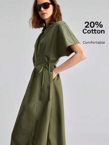 Ontre Women's Olive Green Morandini Color Series High-Quality Comfortable Fabric Summer Bohemian Elegant Style Casual Teachers' Day Outfits Office - Army Green - View 4