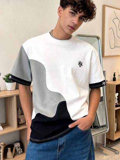 Manfinity Joysei Áo thun nam tay ngắn cổ tròn phối màu tương phản, kiểu dáng thường ngày, đa năng cho mùa hè.