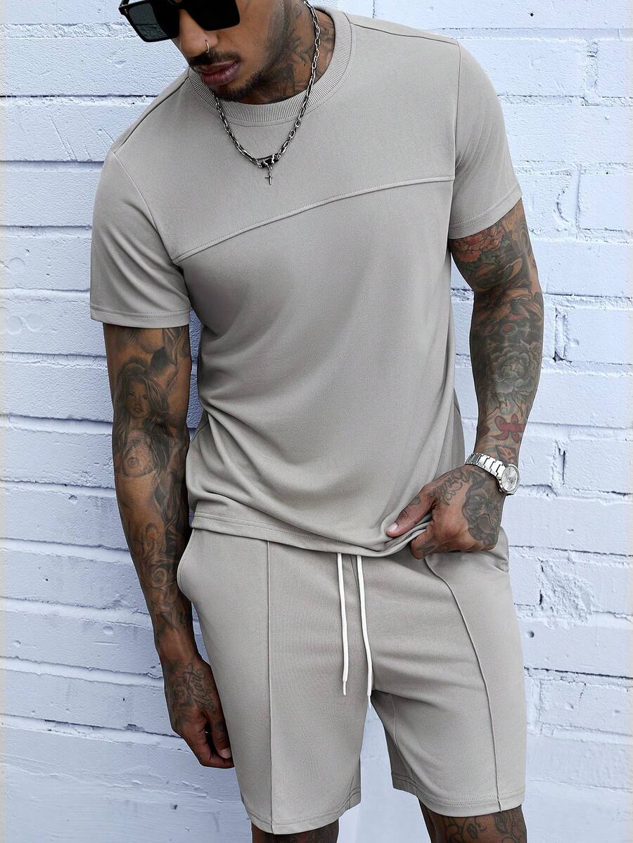 Manfinity Homme 男士淺灰色夏季休閒城市度假套裝,純色短袖圓領T恤搭配彈性腰抽繩短褲,舒適百搭,度假風 - 灰色 - 查看 1