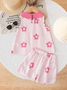 SHEIN Elladie kids Ensemble pour filles avec col rose, Top plissé à imprimé floral mignon à rayures roses et blanches avec nœud 3D et short plissé à jambes larges à la mode, convient pour le trajet quotidien décontracté, tenue mode simple et mignonne - Rose bonbon - Voir 3