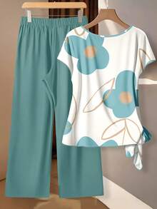 EMERY ROSE Plus Size Floral Print Round Neck Short Sleeve 2 Pieces Casual Summer Set - Green - View 2