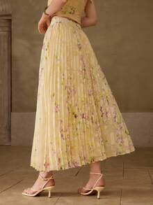 MOTF PREMIUM WOMEN'S ELEGANT FASHION JACQUARD PRINT PLEATED SKIRT - Yellow - View 3