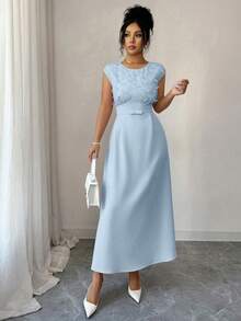 Modelyn Women's Elegant Minimalist Date Evening Sleeveless Spring/Summer Woven 3D Butterfly Embroidered Mesh Long Dress Light Blue - Blue - View 7
