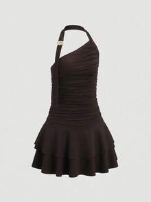 SHEIN Girlism 少女派对礼服新款螺旋金色装饰设计收腰喇叭裙迷你连衣裙，派对迷你连衣裙，返校派对连衣裙吊带派对连衣裙可爱连衣裙棕色连衣裙褶皱连衣裙少女连衣裙单肩连衣裙 - 咖啡 - 查看 3
