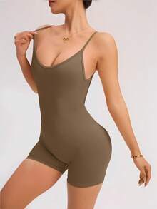 Slayform Slayform Women's Solid Color Open Back Camisole And Bike Shorts Jumpsuit, For Daily Workout Chinese New Year Compression Bodysuit Bbl Shapewear Body Suit Fit - Khaki - View 3