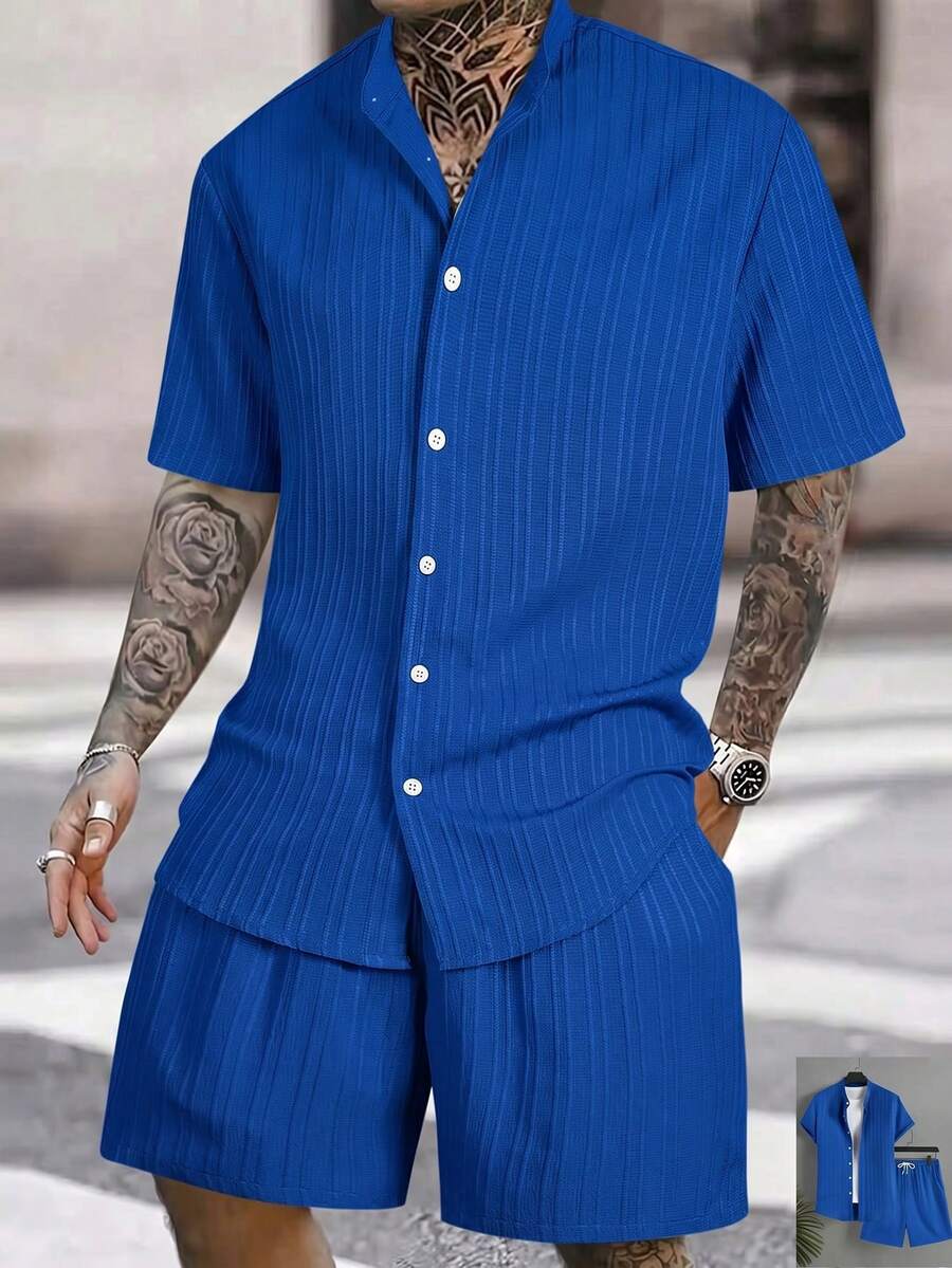Surfspeed Summer Casual Solid Color Shirt And Shorts Beach Set Holiday / Vacation / Beach / Hawaii / Tropical / Swim /  Bathing - Royal Blue - View 1