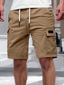 Sorvial Quần short nam cạp chun có túi nắp màu trơn, dây rút - Màu Khaki - Xem 1