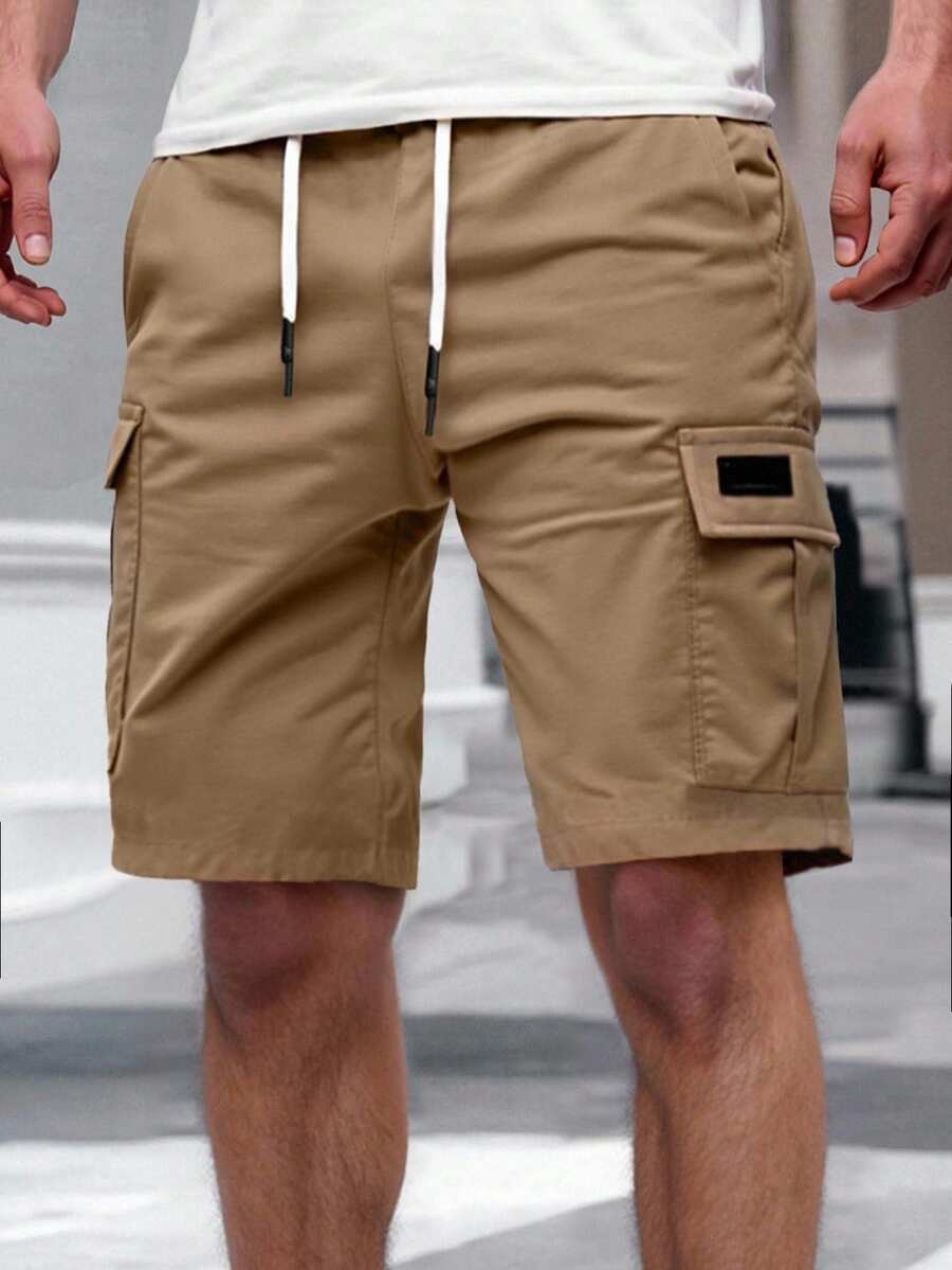 Sorvial Quần short nam cạp chun có túi nắp màu trơn, dây rút - Màu Khaki - Xem 1