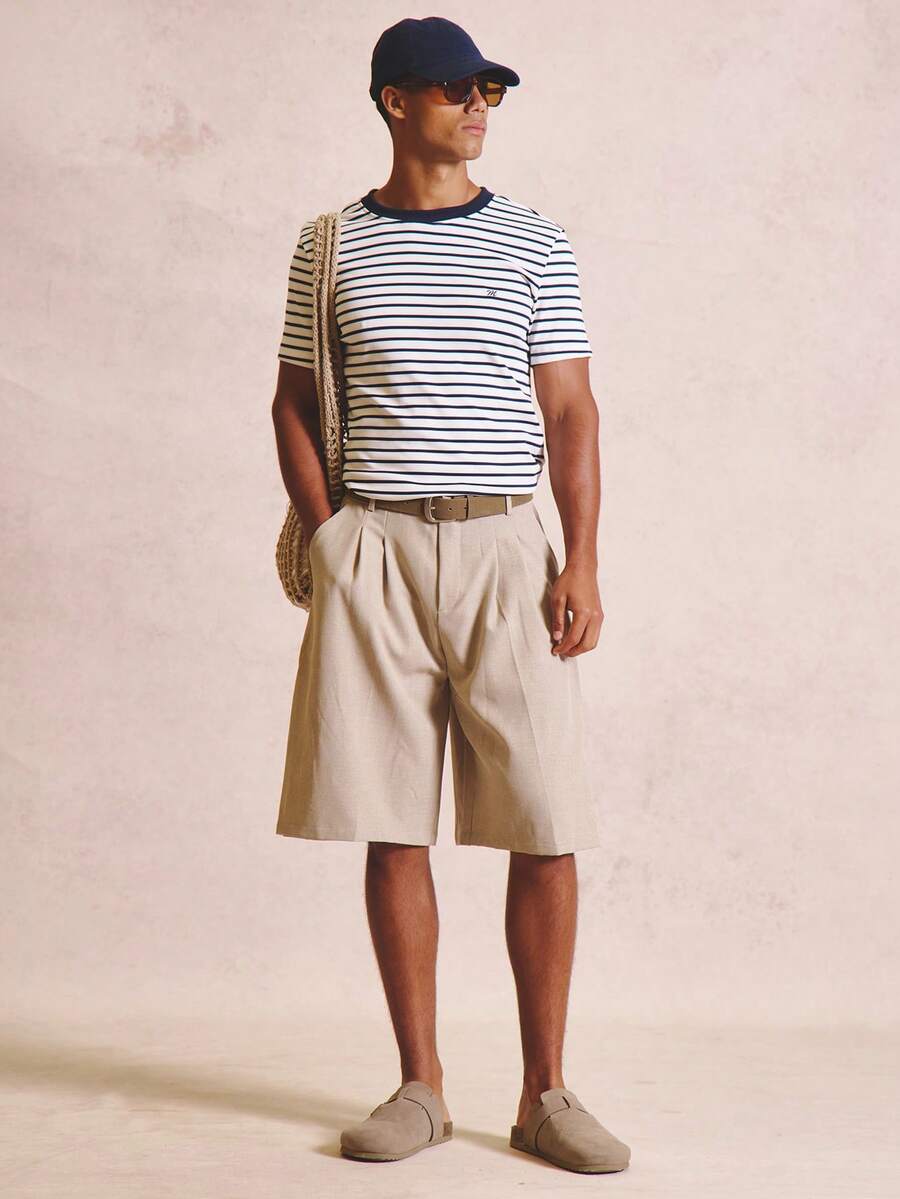 Musero Short Sleve Crew Neck Sripe Shirt "M" Embroidery On Front Spring Summer Essentials 2026 - Blue and White - View 1