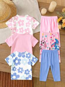 Young Girl Set, Multiple Prints Available: Blue White Rabbit, Pink Floral, Rainbow With Sweet Letter. Round Neck Short Sleeve, - Multicolor - View 2
