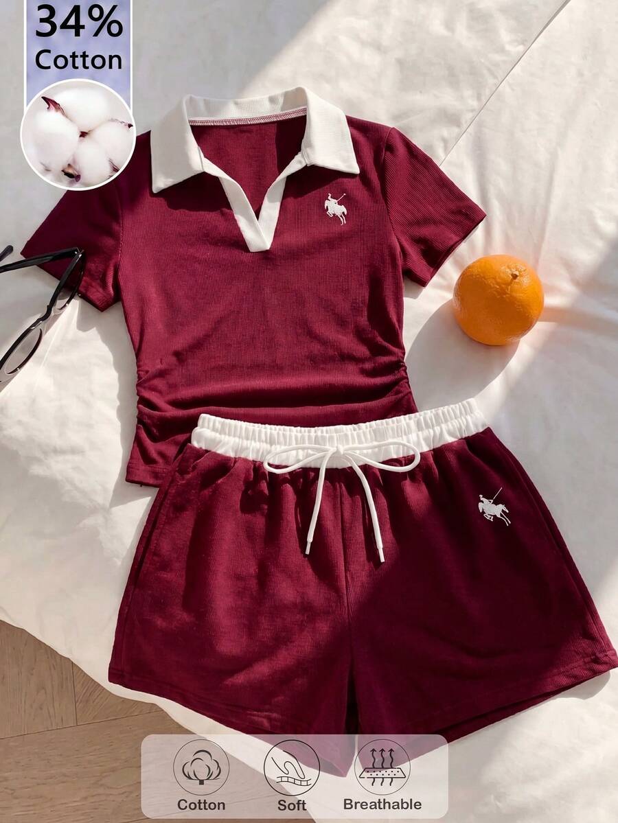 SHEIN 青少年女孩對比色半拉鍊短袖休閒夏季百搭T恤套裝 - 酒紅色 - 查看 1
