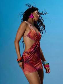 MUSERA Halterneck Ruched Bust Drape Over Waist Tie Back Detail Fitted Mesh Mini Dress Summer Sexy Going Out Beach Holiday Ibiza Club Tropical Fever - Hot Pink - View 3