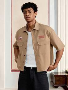 SWAVVY Men's Letter Print Short Sleeve Single-Breasted Cargo Pocket Shirt,Holiday,Summer - Khaki - View 6