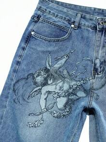 Manfinity EMRG Quần short denim nam phong cách streetwear Gothic in họa tiết thiên thần dưới nước, thời trang đi chơi ngày lễ - Rửa trung bình - Xem 3