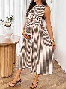 SHEIN Khaki Striped Patchwork Pleated Casual Everyday Party Travel Dress For Pregnant Women. Summer Maternity Dress. - Khaki - View 5