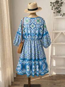 Rusticease Plus Size Women's V-Neck All-Over Print Casual Bohemian Boho Everyday Outing Dress Blue And White Autumn Fall Beach Vacation - Multicolor - View 2