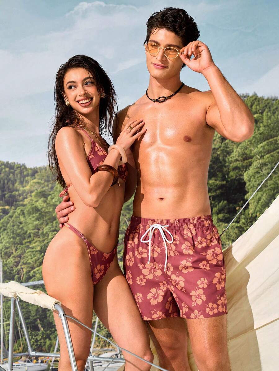 Manfinity VDAYZ Pantalones cortos de playa con estampado floral y cintura con cordón para hombre, vacaciones - Café integral - Ver 1
