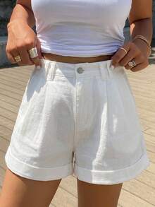 DAZY Roll Up Hem Fold Pleated Denim Shorts Jorts - White - View 14