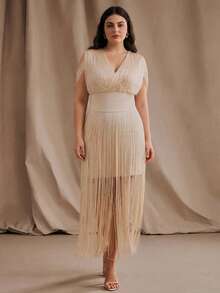 Anewsta Plus Size Women's Solid Color Fringe V-Neck Elegant Party Dress - Apricot - View 5