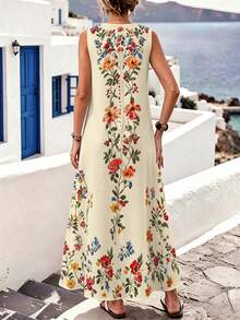 EMERY ROSE Gaun Maxi Tank Longgar Tanpa Lengan Leher Bulat Motif Bunga Vertikal Krem Ukuran Plus untuk Wanita, Gaya Boho, Liburan Pantai, Gaun Santai yang Mengalir - Putih - View 2