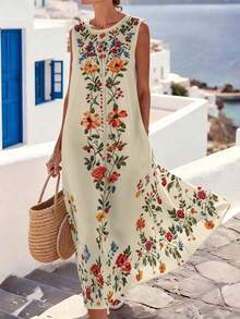 EMERY ROSE Gaun Maxi Tank Longgar Tanpa Lengan Leher Bulat Motif Bunga Vertikal Krem Ukuran Plus untuk Wanita, Gaya Boho, Liburan Pantai, Gaun Santai yang Mengalir - Putih - View 3