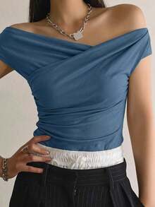 DAZY Ladies Solid Color Pleated Slim Fit Short Sleeve T-Shirt For Spring/Summer - Teal Blue - View 12