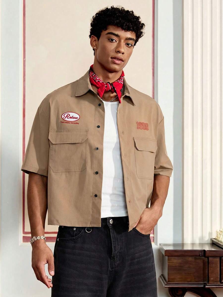 SWAVVY Men's Letter Print Short Sleeve Single-Breasted Cargo Pocket Shirt,Holiday,Summer - Khaki - View 1