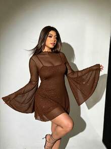 Viva Relle 大尺碼女款純色性感細肩帶洋裝亮片透視辣妹罩衫上衣2件套 秋季雞尾酒會外出派對棕色 - 棕色 - 查看 2