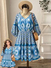 Rusticease Plus Size Women's V-Neck All-Over Print Casual Bohemian Boho Everyday Outing Dress Blue And White Autumn Fall Beach Vacation - Multicolor - View 1
