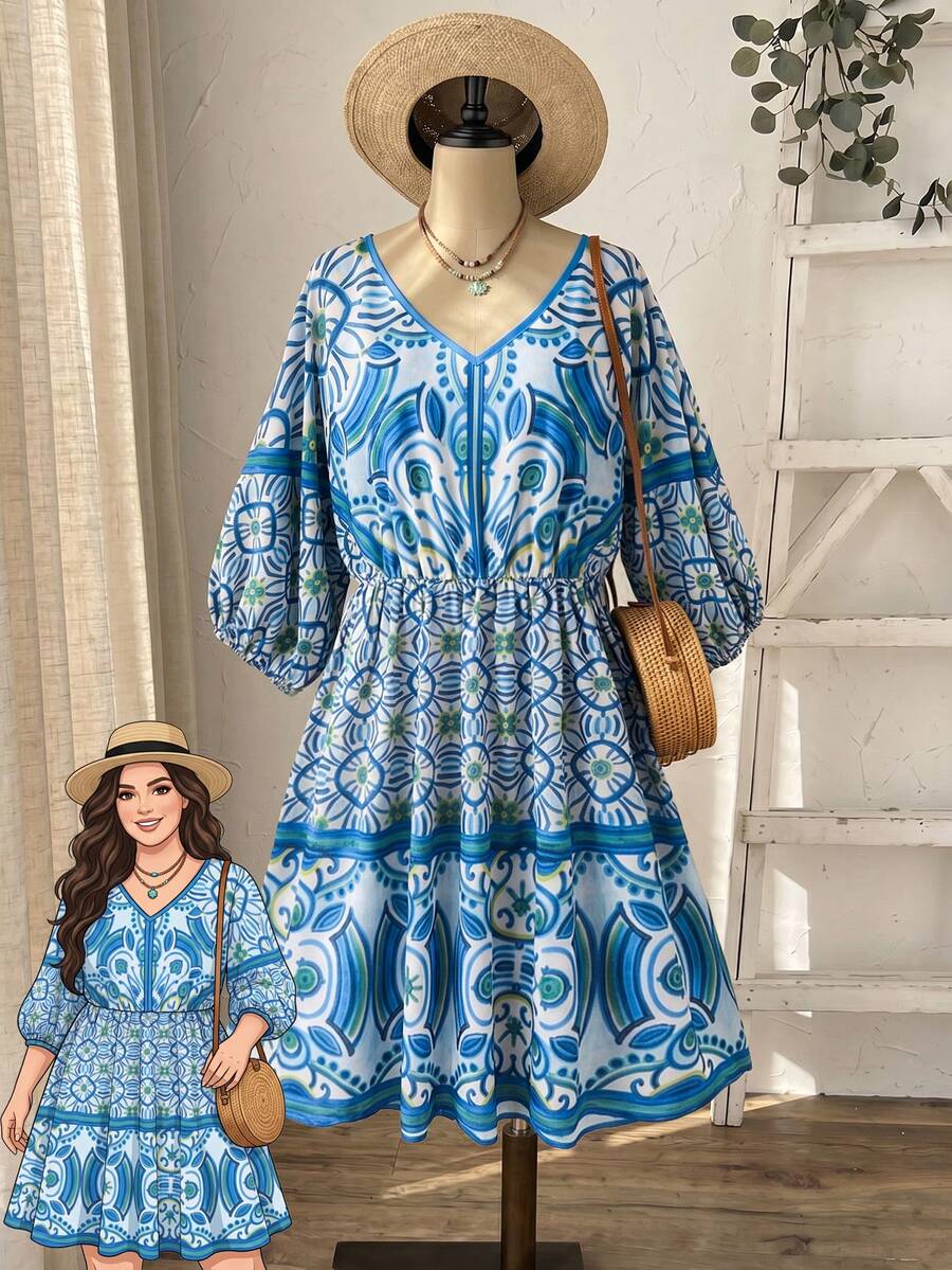 Rusticease Plus Size Women's V-Neck All-Over Print Casual Bohemian Boho Everyday Outing Dress Blue And White Autumn Fall Beach Vacation - Multicolor - View 1