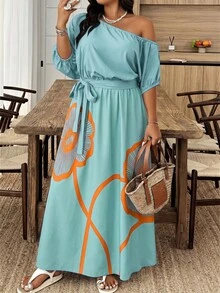 Weeklong Gaun Pesta Musim Panas Kasual Wanita Ukuran Plus dengan Motif Bunga, Bahu Asimetris, dan Detail Kerut - MultiWarna - View 1