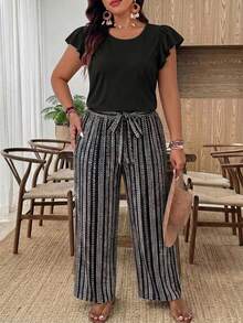 SHEIN Frenchy 2件組女款大尺碼波希米亞風純黑色上衣與黑白條紋圖案長褲套裝，時尚新風格，適合春夏季外出 - 彩色 - 查看 7