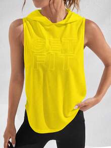 SHEIN Sports Sudadera con capucha casual para mujer con estampado de letras y bajo dividido - Amarillo - Ver 5