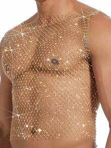 DSELFIQUE Men's Sexy Regular Fit Silver Fishnet Tank Top - Gold - View 7