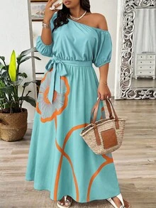 Weeklong Gaun Pesta Musim Panas Kasual Wanita Ukuran Plus dengan Motif Bunga, Bahu Asimetris, dan Detail Kerut - MultiWarna - View 4