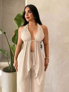 SHEIN SXY Women's Beach Vacation Club Vacation Vacation Textured Sexy Tropical Tropical Pleated Halter Neck Tank Top And Loose Long Pants Set Beige Summer - Apricot - View 7