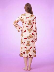 Notgurli Cute Cartoon Bear & Bow Knit Jacquard Women Sleep Dress Teddy Bear Pink Cute Sleepwear Pajama Dress, Fall & Winter - Multicolor - View 2
