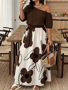 Weeklong Plus Size Women's Vacation Floral Print Asymmetrical Shoulder Short Sleeve Elegant Dress - Multicolor - View 1