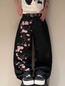 STEELVANCE 男士刺繡寬鬆休閒寬腿牛仔褲 - 黑色 - 查看 6