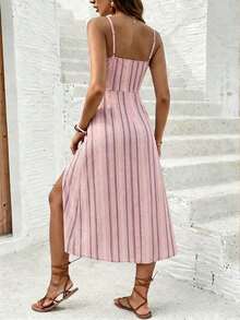 SHEIN Frenchy Đầm lửng phong cách tối giản thường ngày màu hồng, họa tiết sọc dọc hình học bất đối xứng, thích hợp cho kỳ nghỉ xuân/hè. - Nhiều màu - Xem 2