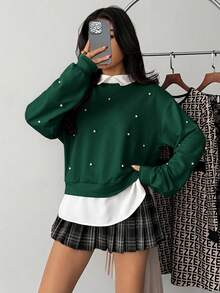 SHEIN 青少年女孩秋冬休閒百搭針織拼接二合一上衣 - 綠色 - 查看 7