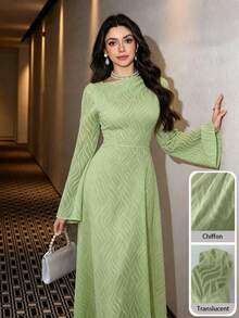 Modelyn Women's Elegant Textured Fabric Flare Sleeve Waist Cinched Dress, Suitable For Spring & Autumn - Green - View 3