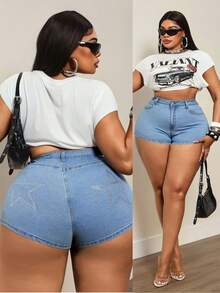 Slaydiva Plus Size Cowgirl Outfit Women's Summer Light Blue Stretch Rhinestone Embellished Tight Sexy 90s Shorts Vacation - Light Wash - View 8