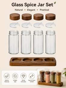 1pc/5pcs Set Glass Spice Jars With Rosewood Lids, Square Glass Bottles With Stands, Airtight Pepper And Seasoning Containers - Multicolor - View 4