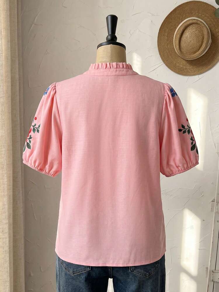 Plus Size Women's Summer Casual Floral Print Notch Neck Short Sleeve Shirt