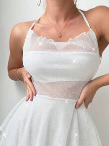 SHEIN Swim 女款素色透視掛脖簡約休閒罩衫 - 白色 - 查看 3
